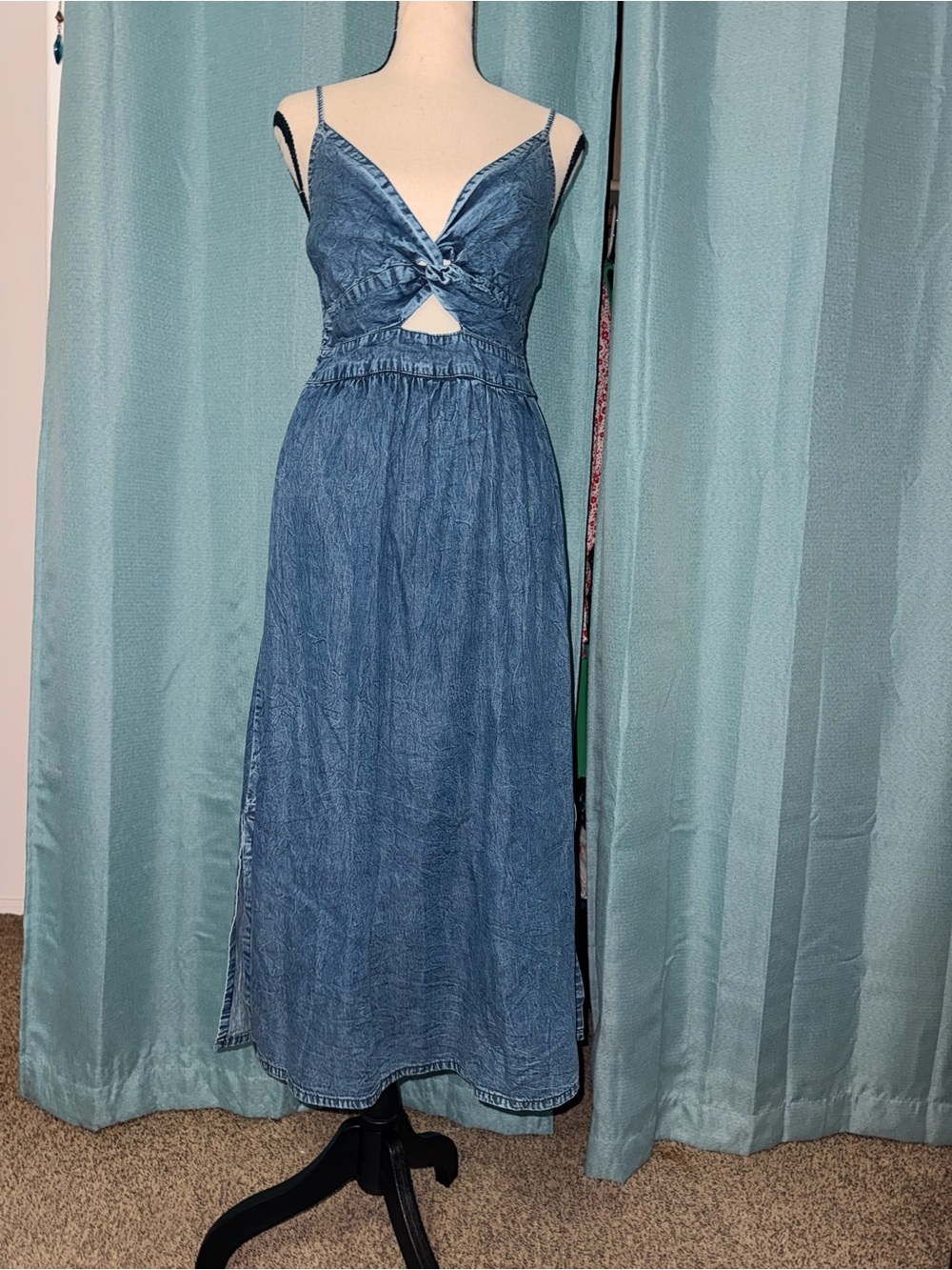 Angie Denim Midi Dress Blue Twist Front Cutout Smocked Back Size Small Y2K